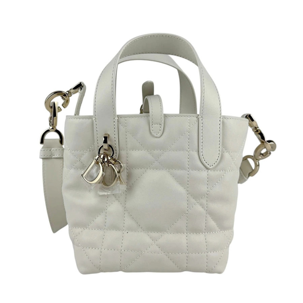 Christian Dior Vertical Tote Leather 2Way Shoulder Bag Gold White